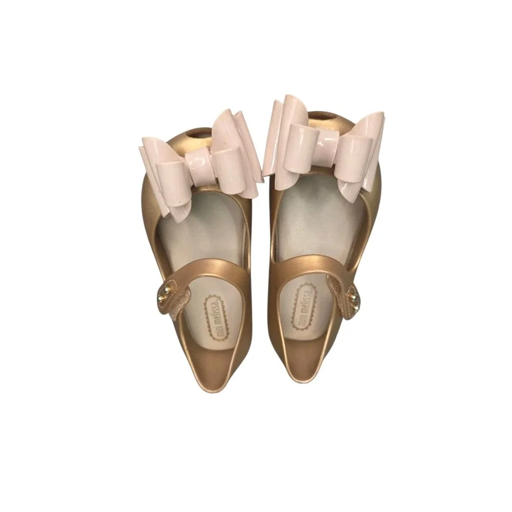 Mini Melissa Gold Bow Mary Jane Flats Girls Size 5 Toddler EU 20/21
